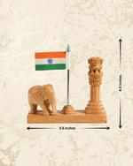Handcrafted wooden Indian Flag, Elephant and Ashoka Stambh desk showpiece
