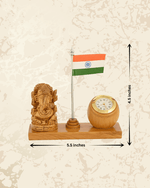 Handcrafted Wooden Ganesh Ji Desk Organizer with Indian Tricolor and Clock
