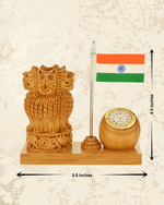 Patriotic Indian flag desk organizer featuring a wooden Ashoka Stambh design and built-in clock.