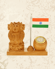 Wooden pen holder with Ashoka Stambh, tricolour flag artwork, and clock for office desks or study tables.
