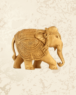 Handcrafted wooden elephant showpiece with royal traditional carving for home décor.