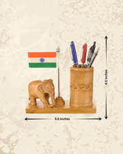 Wooden elephant desk organizer with Indian tricolor flag and pen holder