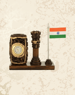 Painted wooden pen stand with Indian flag design, built-in clock, and stationery compartments.