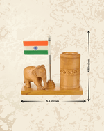 Handcrafted wooden pen holder with Indian flag and elephant design
