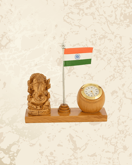 Wooden Ganesh Ji Indian Flag and Clock Desk Organizer