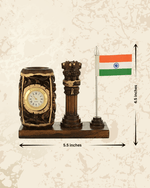 Decorative wooden desk organizer featuring a painted Indian flag and analog clock.