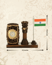 Decorative wooden desk organizer featuring a painted Indian flag and analog clock.